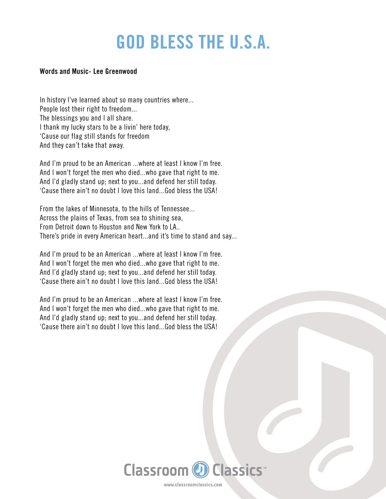 Printable God Bless America Lyrics